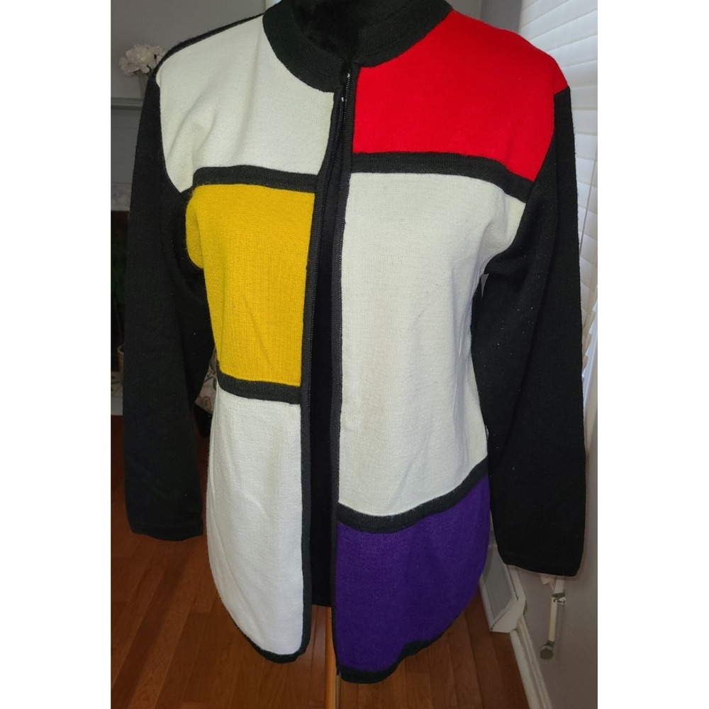 80s First Issue Womens Sz S Multicolor Block Stripe Zip Up Cardigan Sweater‎